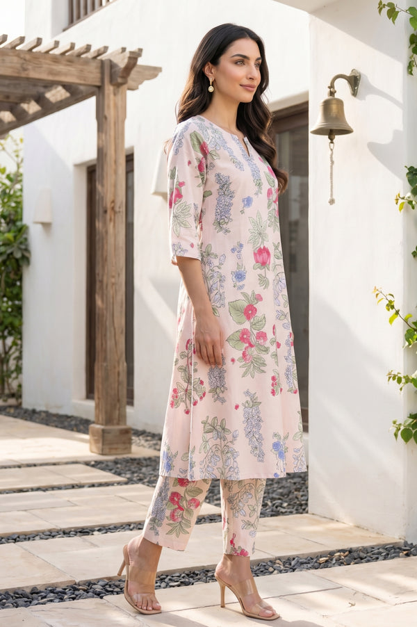 Peach Floral Printed Pure Cotton A-line Kurta with Pants Co-ord Set