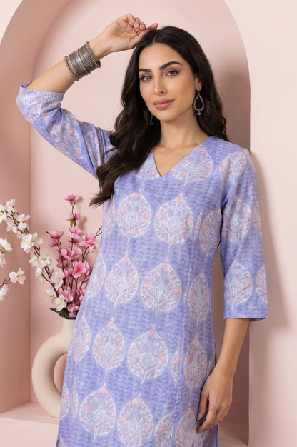 Lavender Floral Printed Cotton Blend A-line Kurta with Pants Co-ord Set