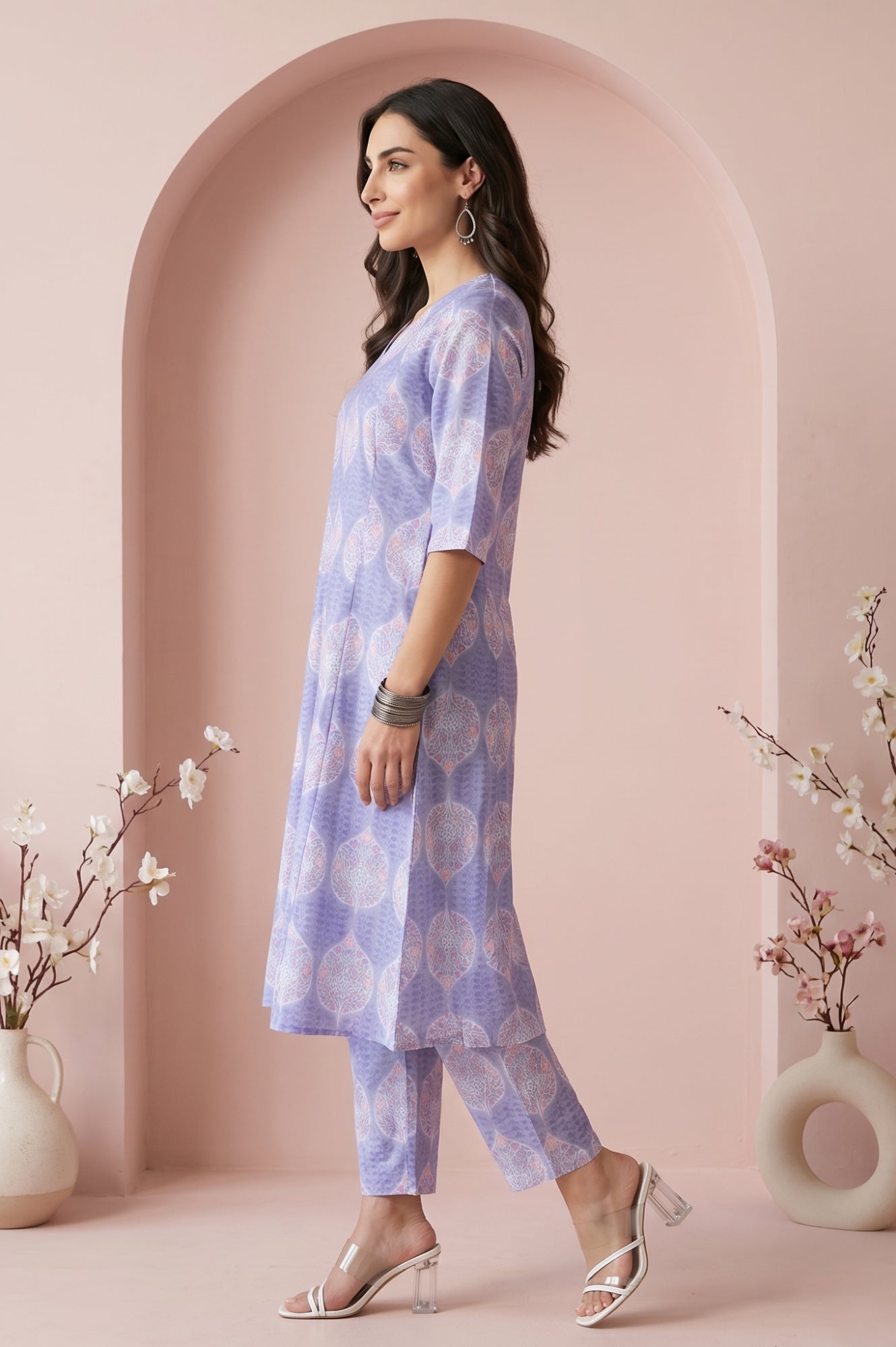 Lavender Floral Printed Cotton Blend A-line Kurta with Pants Co-ord Set