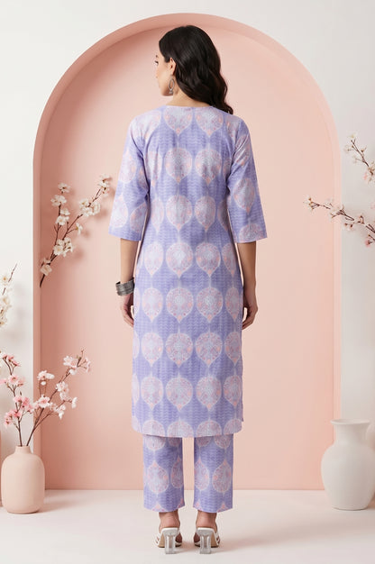 Lavender Floral Printed Cotton Blend A-line Kurta with Pants Co-ord Set