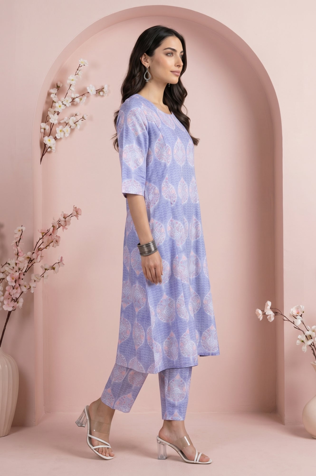 Lavender Floral Printed Cotton Blend A-line Kurta with Pants Co-ord Set