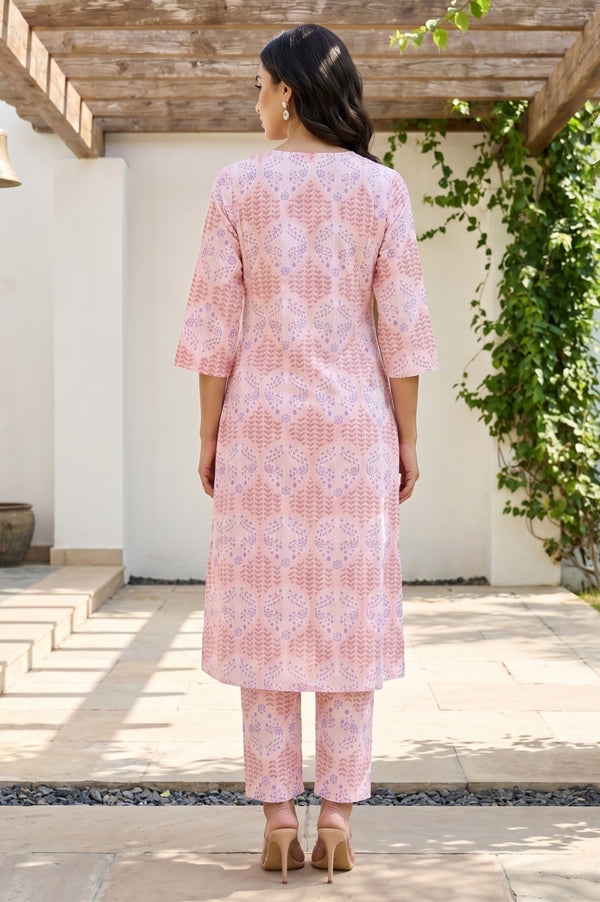 Pink Floral Printed Pure Cotton A-line Kurta with Pants Co-ord Set
