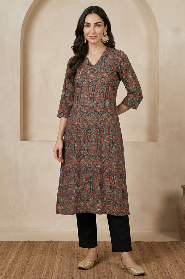 Black Floral Printed A-line Kurta with Pants Set