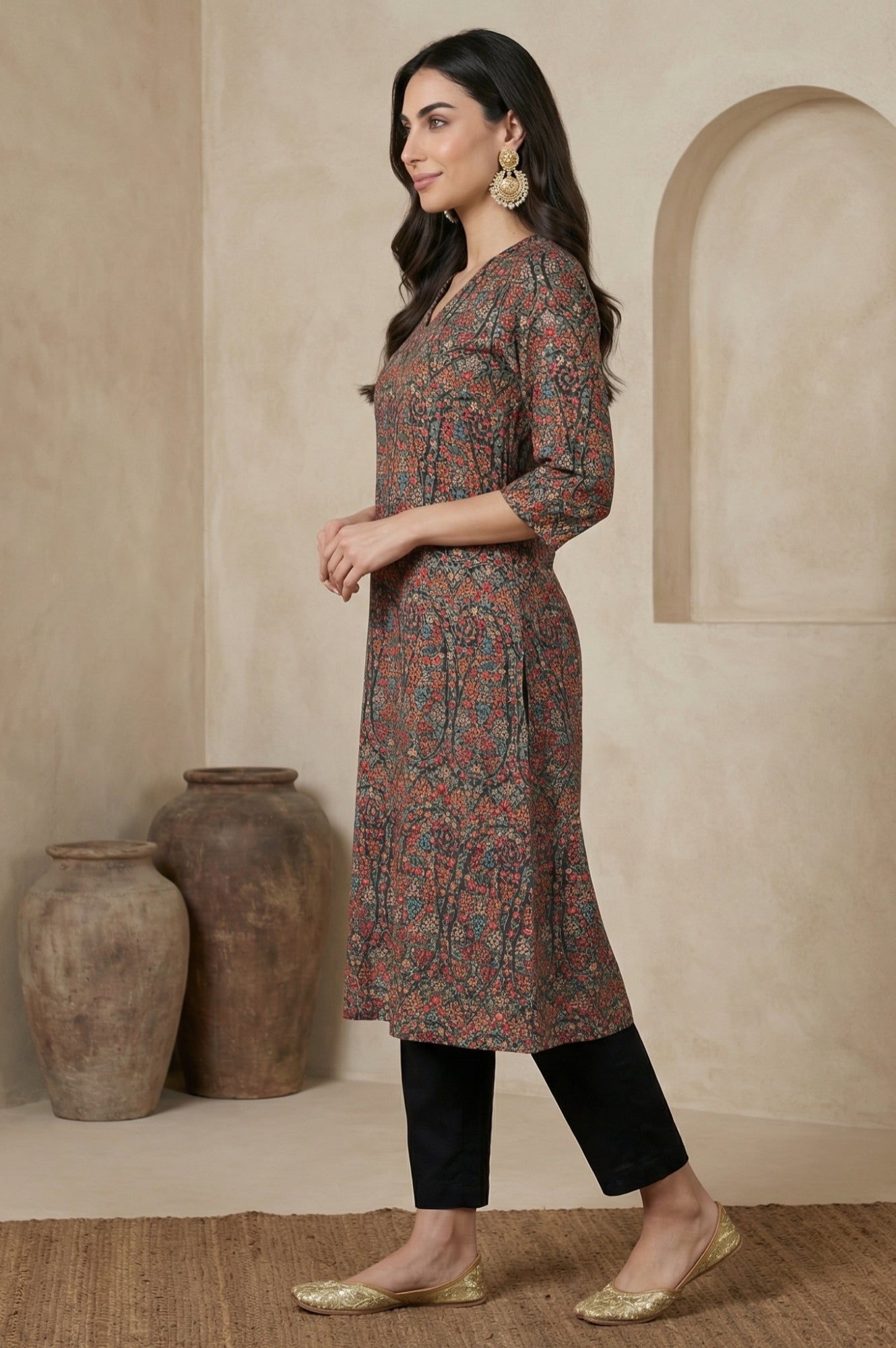 Black Floral Printed A-line Kurta with Pants Set