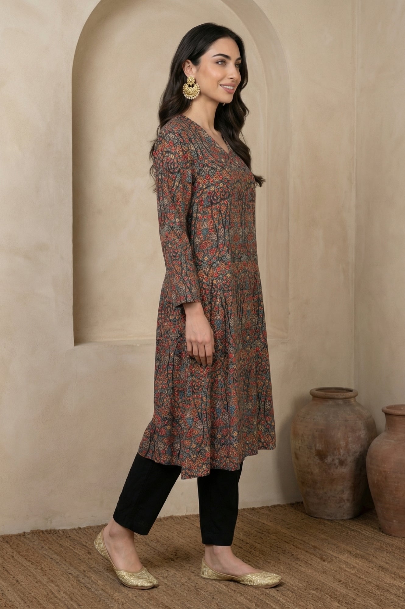 Black Floral Printed A-line Kurta with Pants Set