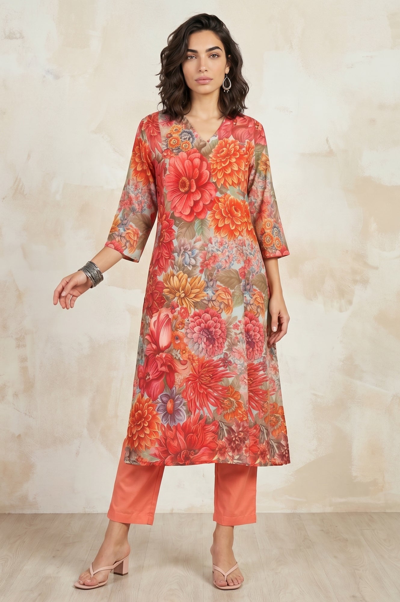 Multi-colour Floral Printed Rayon A-line Kurta with A-line Pants Set