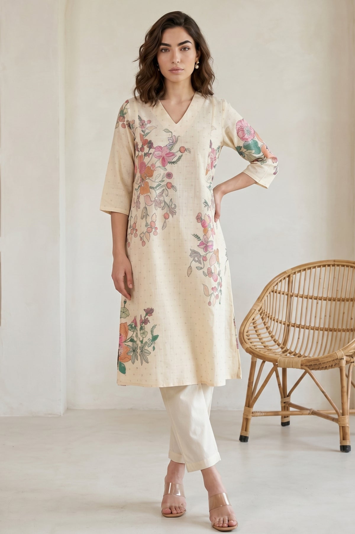 Beige Floral Printed Pure Cotton A-line Kurta with Pants Co-ord Set - L
