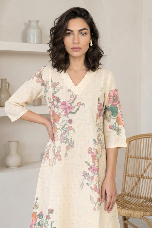 Beige Floral Printed Pure Cotton A-line Kurta with Pants Co-ord Set