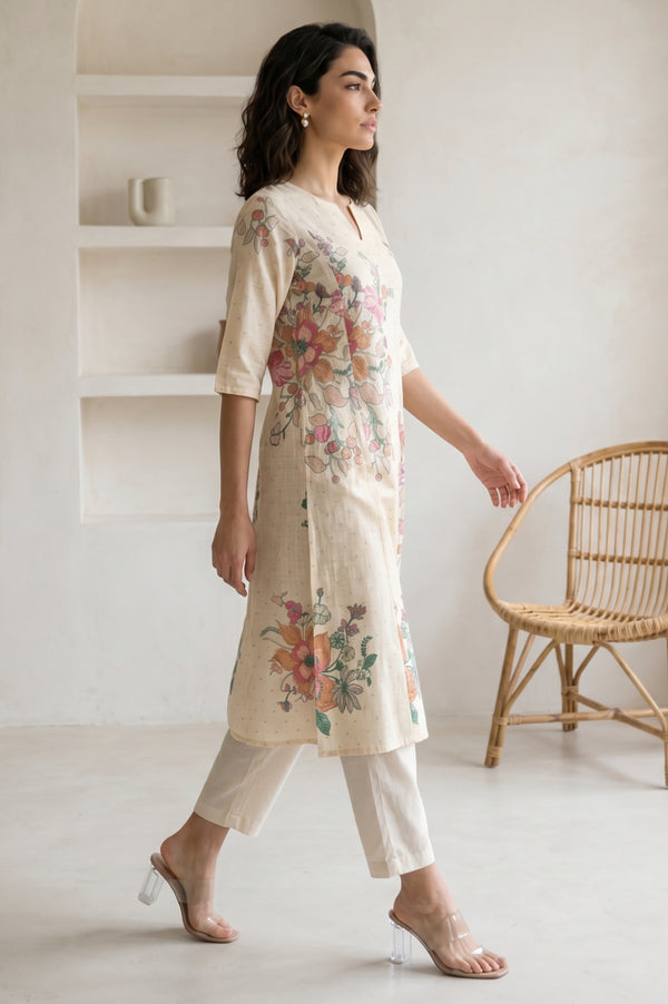 Beige Floral Printed Pure Cotton A-line Kurta with Pants Co-ord Set