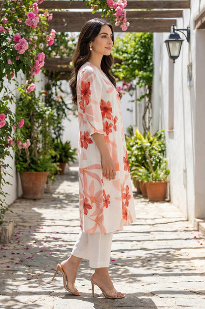 Off White Floral Printed Pure Cotton A-line Kurta with Pants Co-ord Set