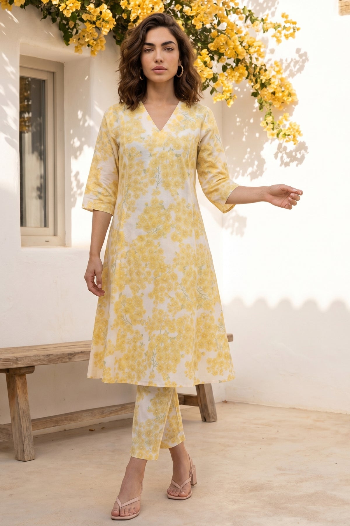 Off-White and Yellow Floral Printed Pure Cotton A-line Kurta with Pants Co-ord Set - XS