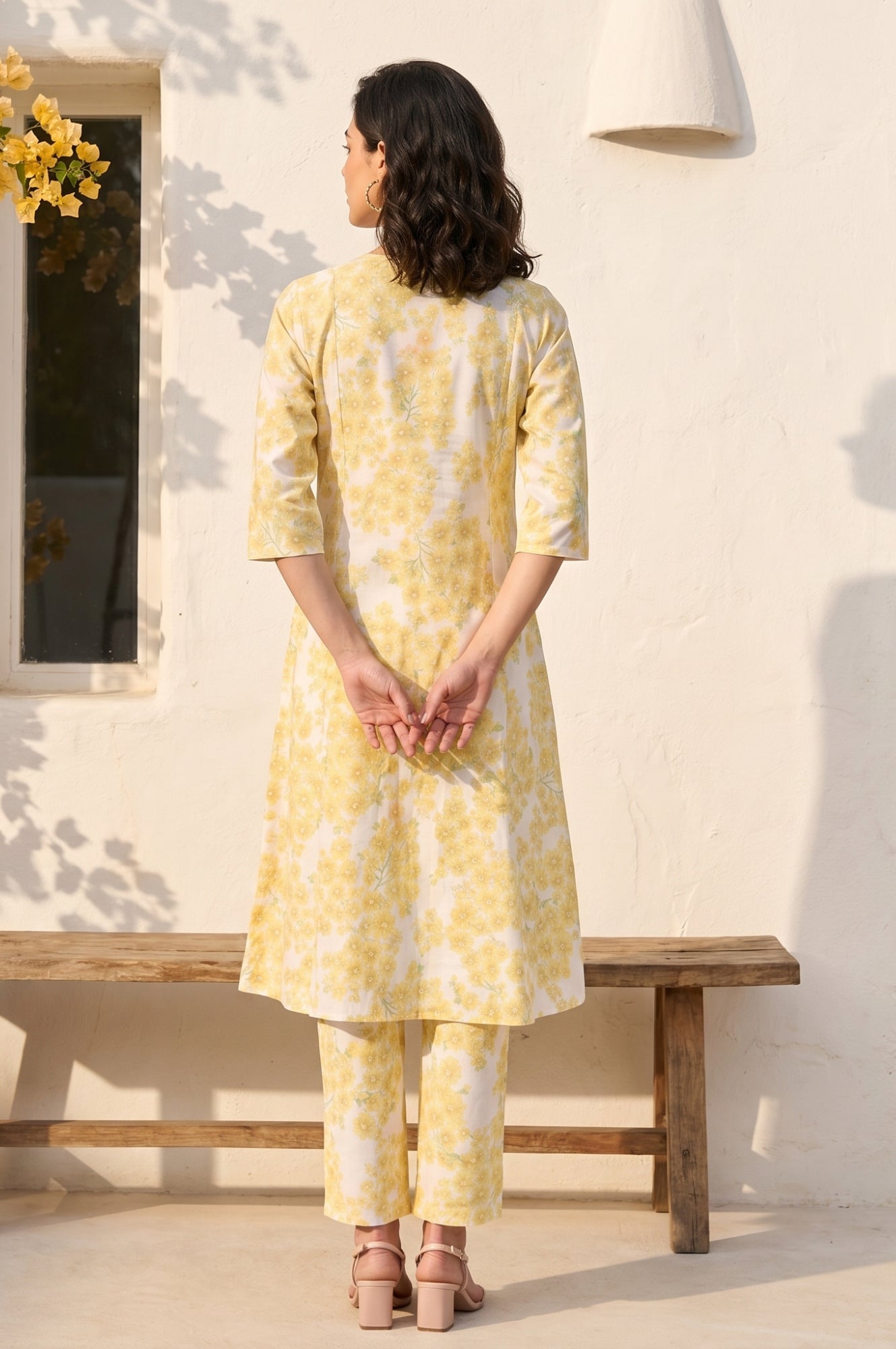 Off-White and Yellow Floral Printed Pure Cotton A-line Kurta with Pants Co-ord Set
