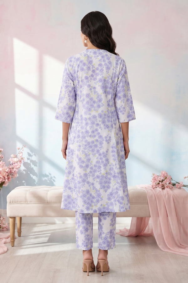 White Floral Printed Pure Cotton A-line Kurta with Pants Co-ord Set