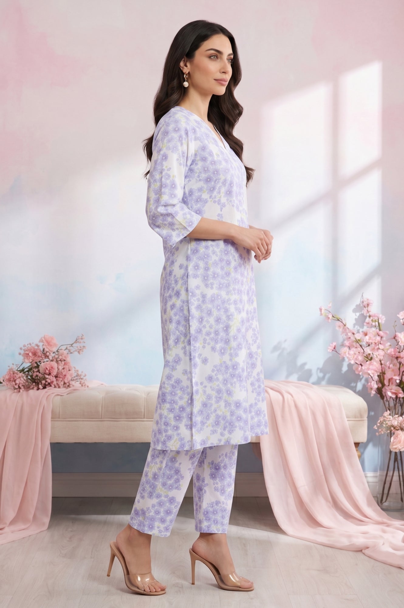 White Floral Printed Pure Cotton A-line Kurta with Pants Co-ord Set