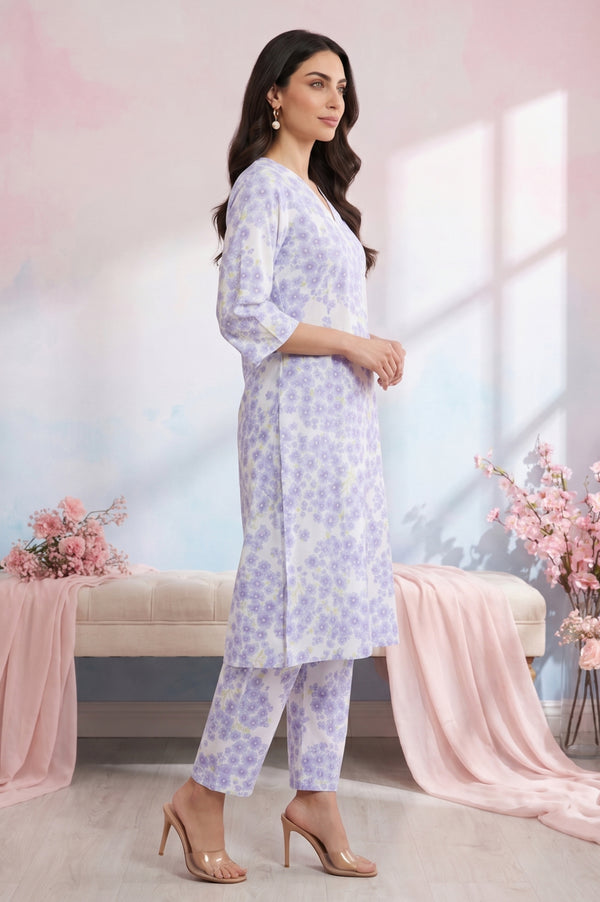 White Floral Printed Pure Cotton A-line Kurta with Pants Co-ord Set