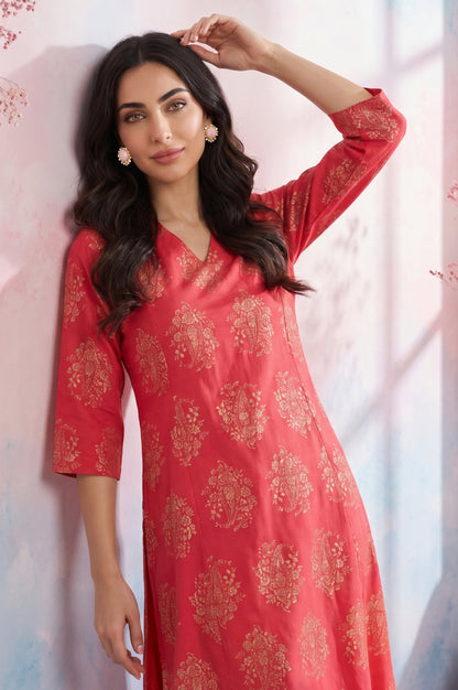 Red Floral Printed Flared Kurta with Pants Set