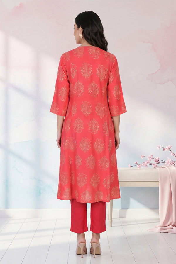 Red Floral Printed Flared Kurta with Pants Set