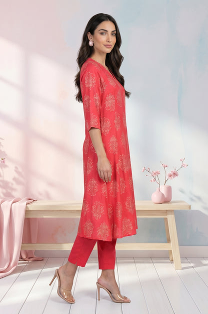 Red Floral Printed Flared Kurta with Pants Set