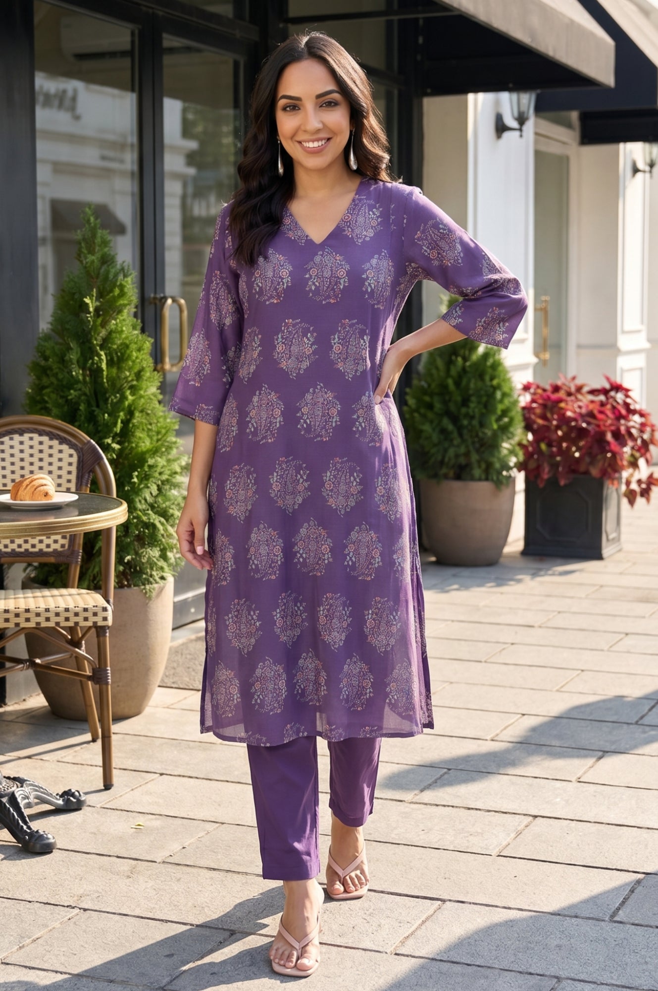 Purple Floral Printed Rayon A-line Kurta with Pants Co-ord Set