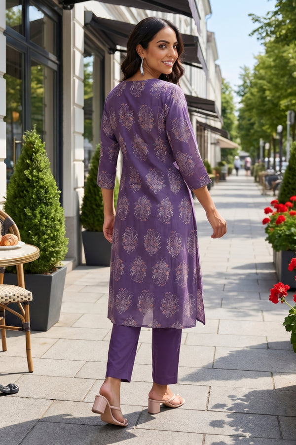 Purple Floral Printed Rayon A-line Kurta with Pants Co-ord Set