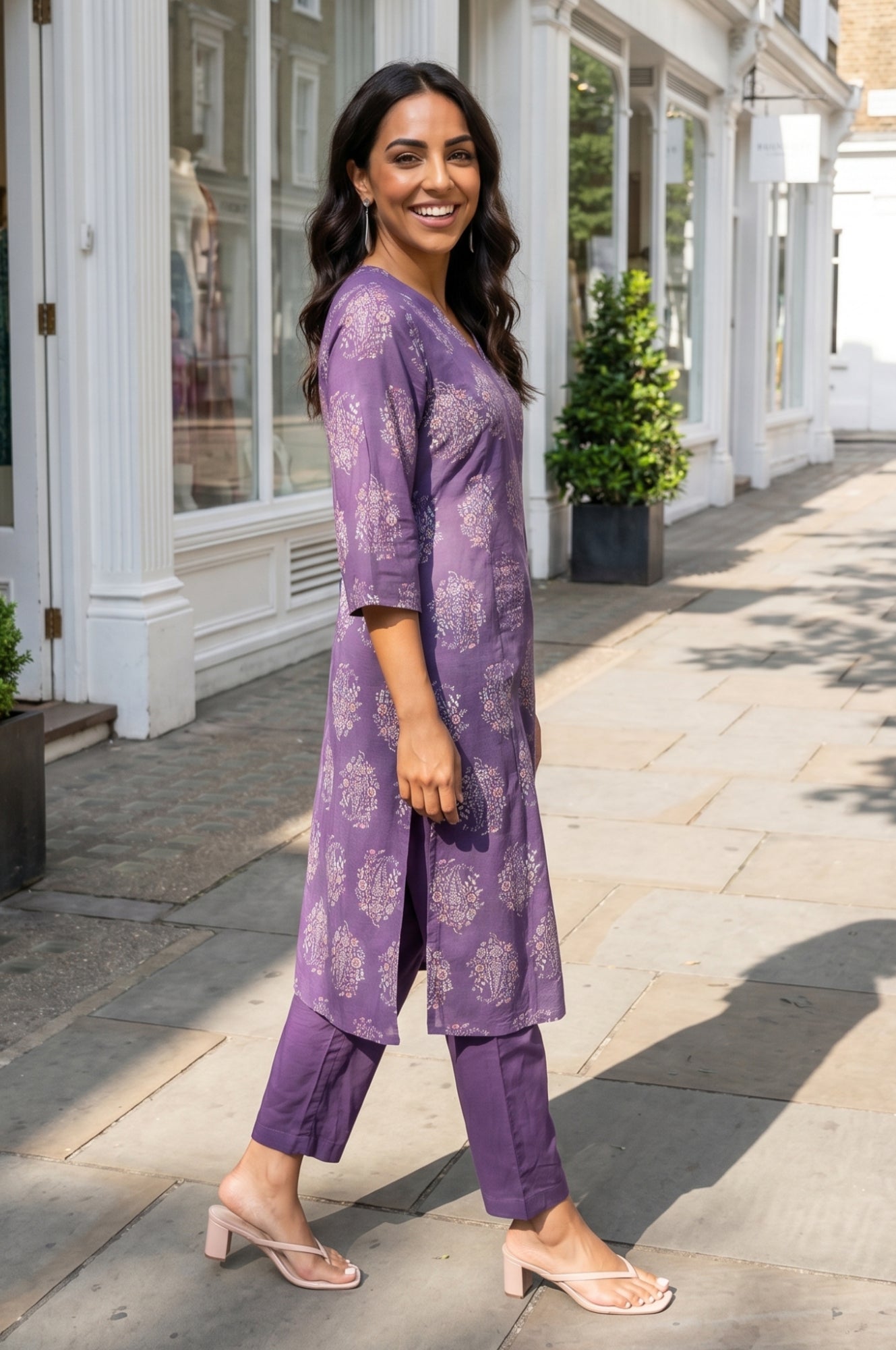 Purple Floral Printed Rayon A-line Kurta with Pants Co-ord Set