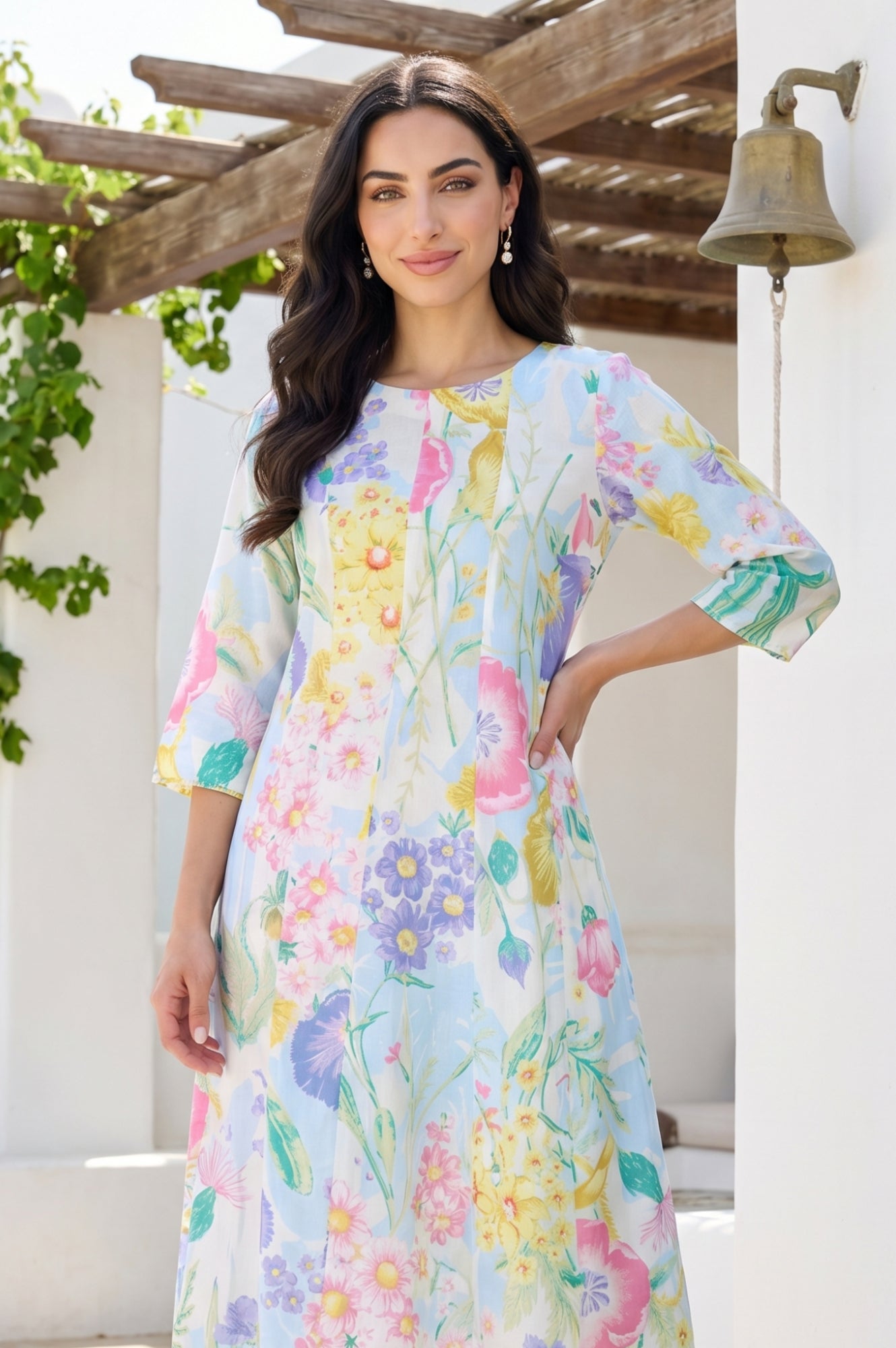 White Bold Floral Printed Pure Cotton A-line Kurta with Pants Set