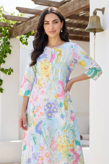 White Bold Floral Printed Pure Cotton A-line Kurta with Pants Set