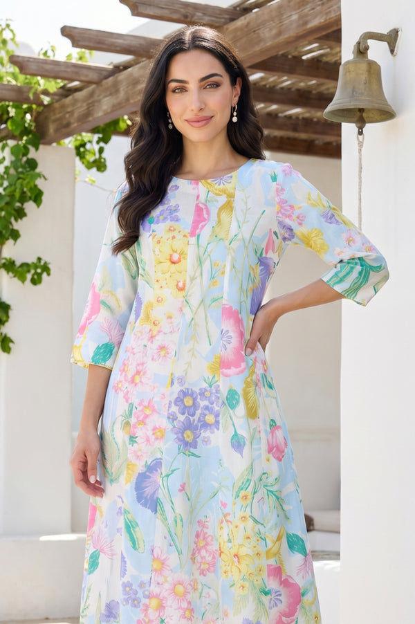 White Bold Floral Printed Pure Cotton A-line Kurta with Pants Set