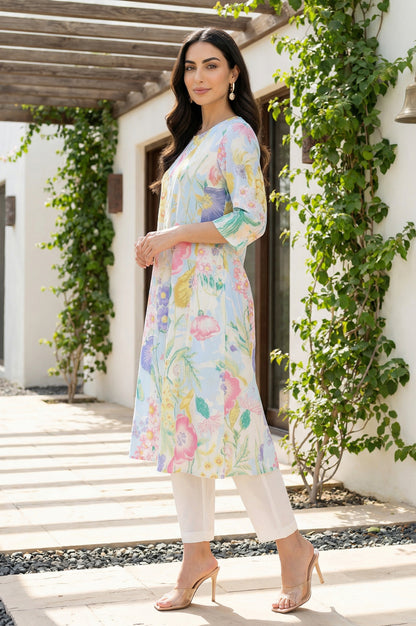 White Bold Floral Printed Pure Cotton A-line Kurta with Pants Set