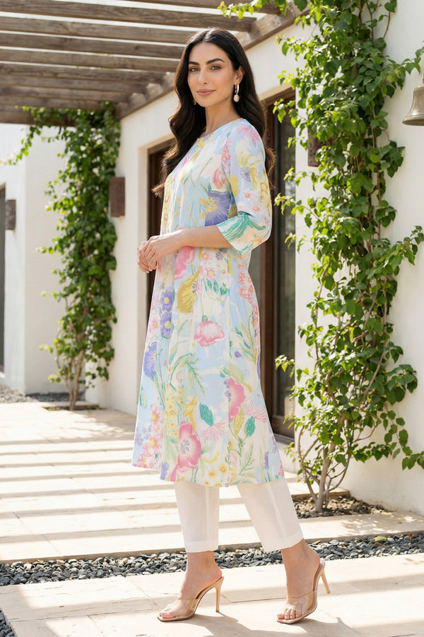 White Bold Floral Printed Pure Cotton A-line Kurta with Pants Set
