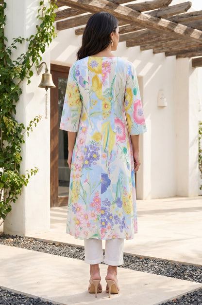 White Bold Floral Printed Pure Cotton A-line Kurta with Pants Set