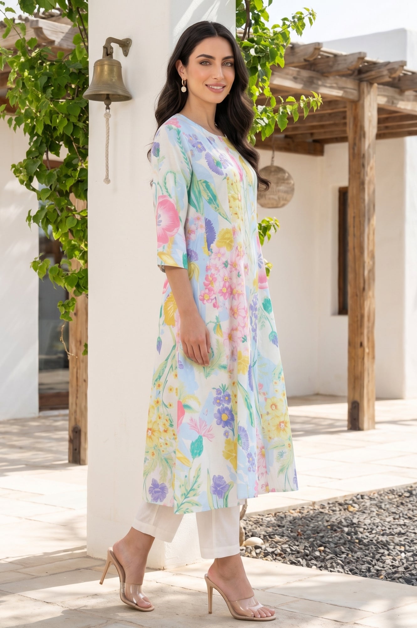 White Bold Floral Printed Pure Cotton A-line Kurta with Pants Set