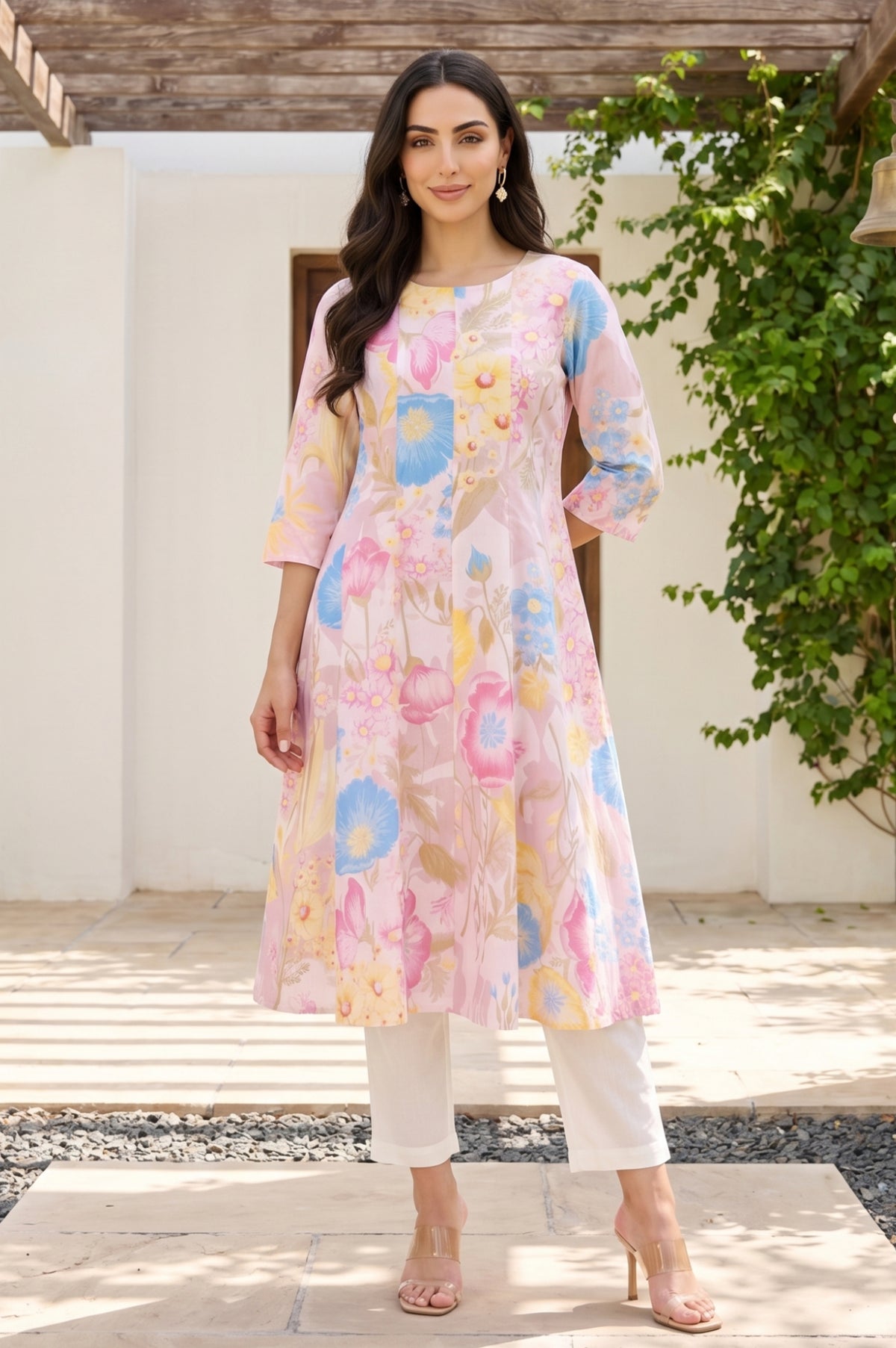 Pink Bold Floral Printed Pure Cotton A-line Kurta with Straight Pants Set - XS
