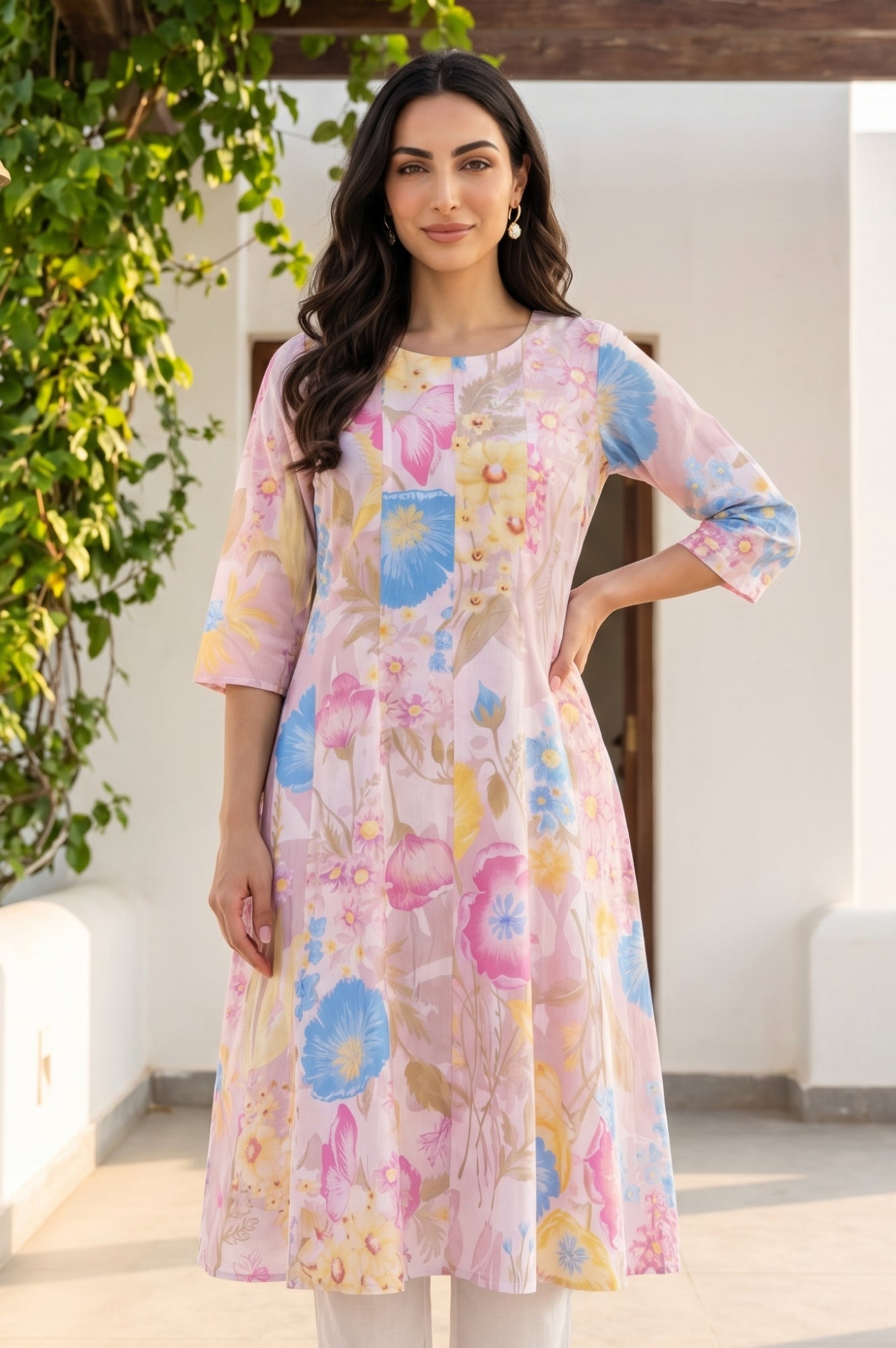 Pink Bold Floral Printed Pure Cotton A-line Kurta with Straight Pants Set