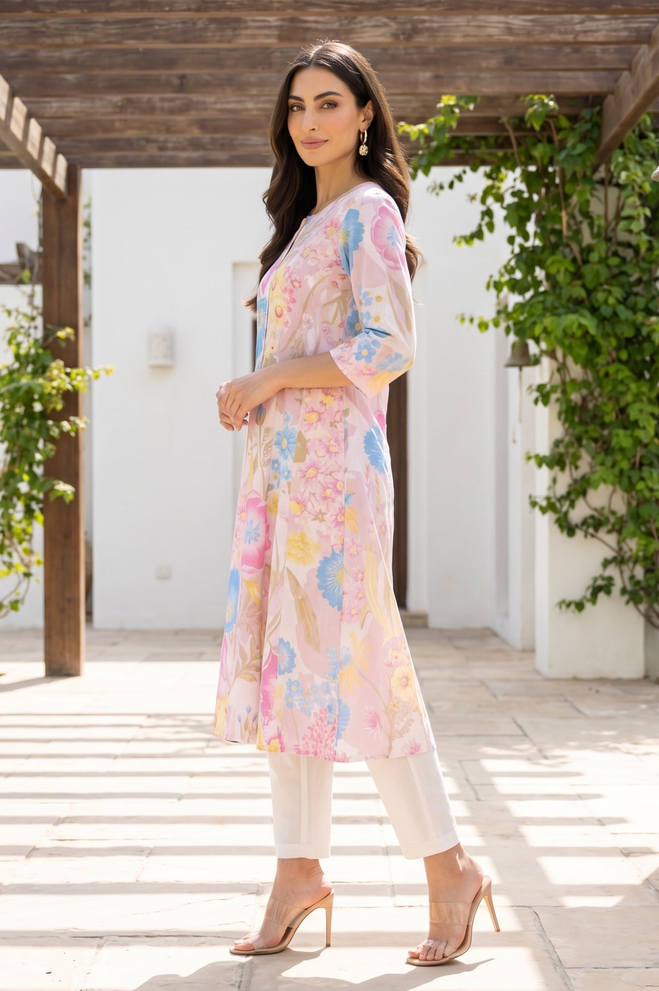 Pink Bold Floral Printed Pure Cotton A-line Kurta with Straight Pants Set