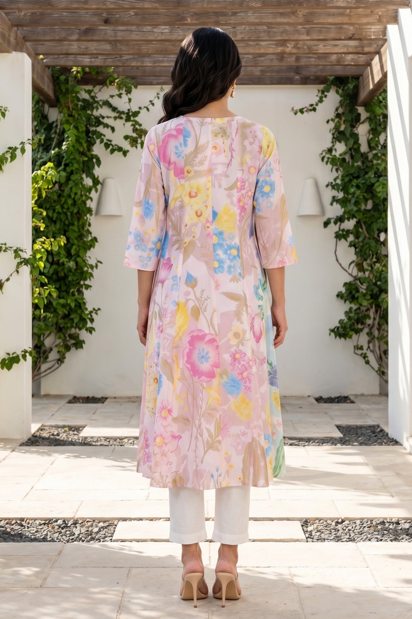 Pink Bold Floral Printed Pure Cotton A-line Kurta with Straight Pants Set