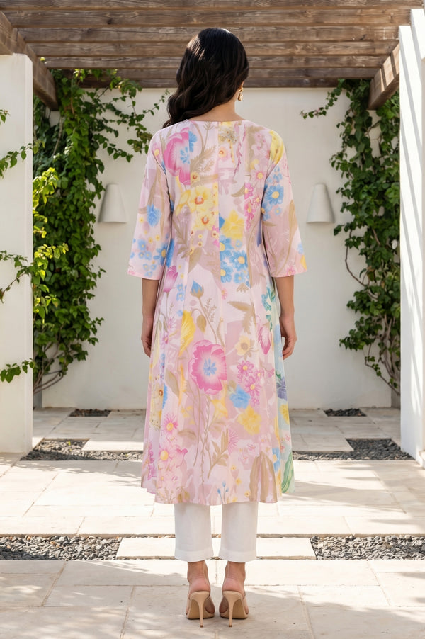 Pink Bold Floral Printed Pure Cotton A-line Kurta with Straight Pants Set