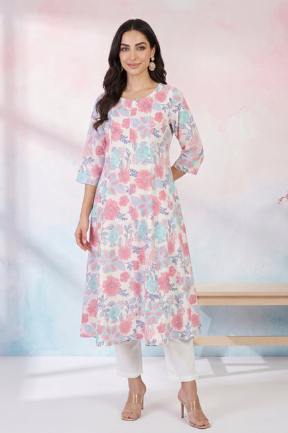 White Floral Printed Pure Cotton Flared Kurta with Trousers Set