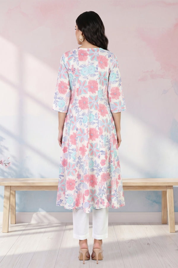White Floral Printed Pure Cotton Flared Kurta with Trousers Set