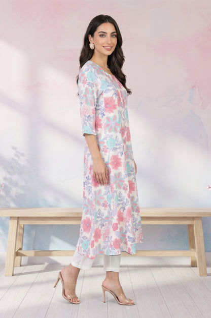 White Floral Printed Pure Cotton Flared Kurta with Trousers Set
