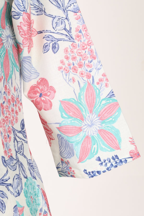 White Floral Printed Pure Cotton Flared Kurta with Trousers Set