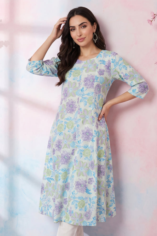 White Floral Printed Pure Cotton Flared Kurta with Trousers Set