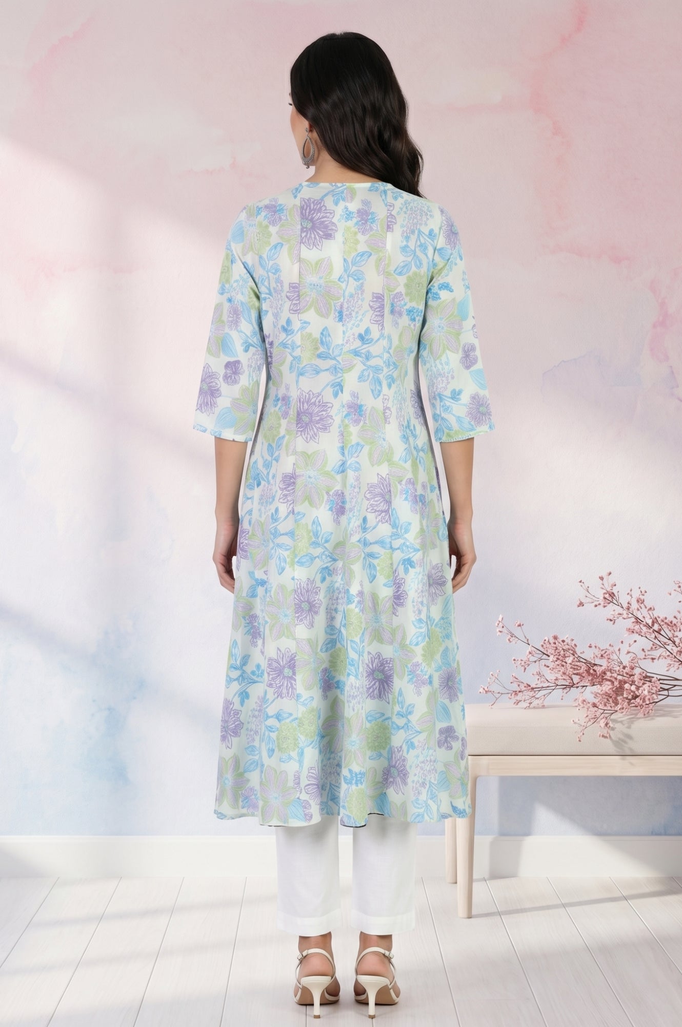 White Floral Printed Pure Cotton Flared Kurta with Trousers Set