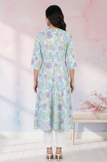 White Floral Printed Pure Cotton Flared Kurta with Trousers Set
