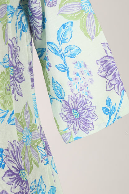 White Floral Printed Pure Cotton Flared Kurta with Trousers Set