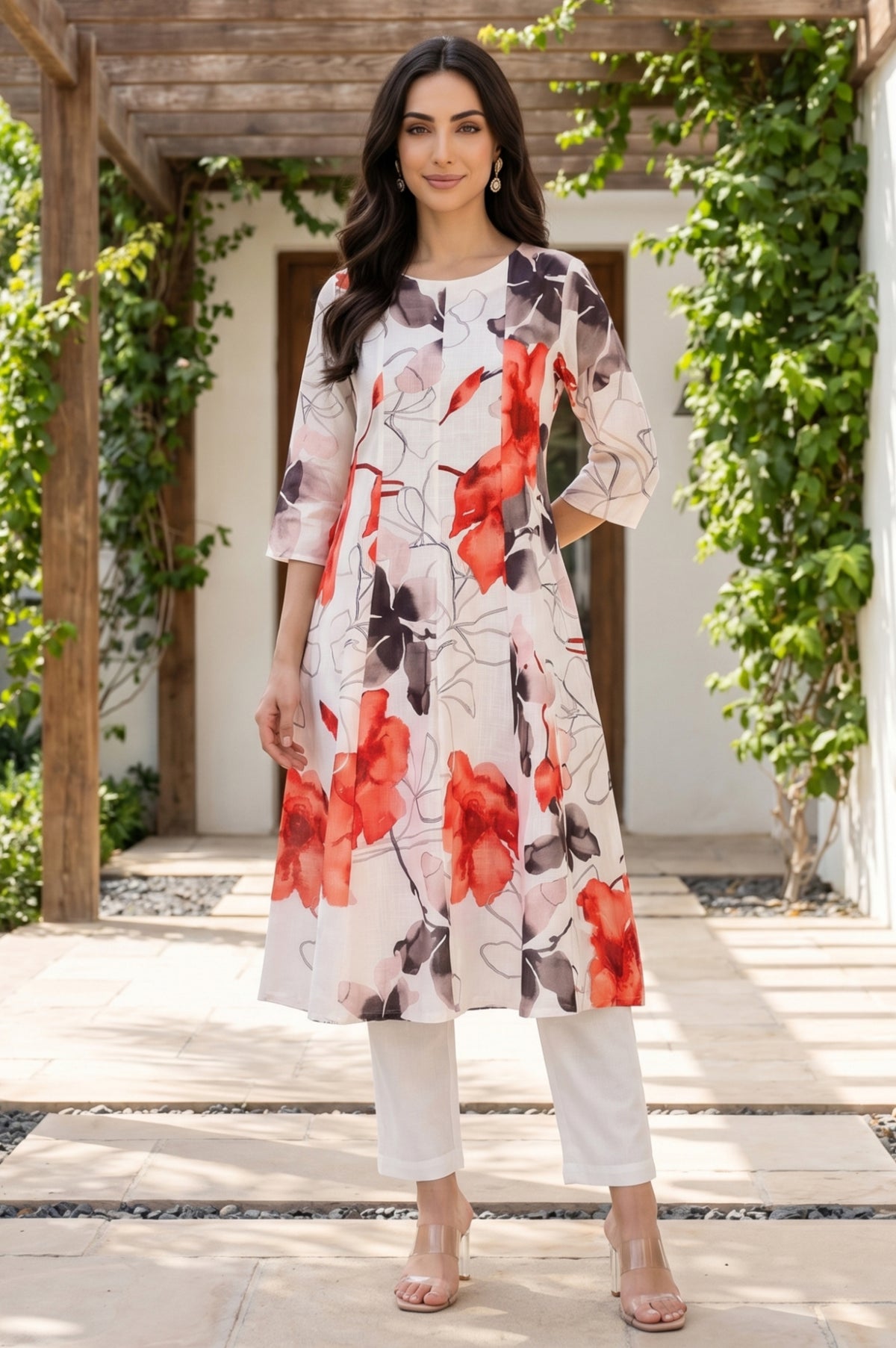 Off White Floral Printed Pure Cotton Flared Kurta with Pants Set - XS