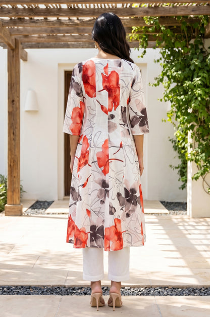 Off White Floral Printed Pure Cotton Flared Kurta with Pants Set