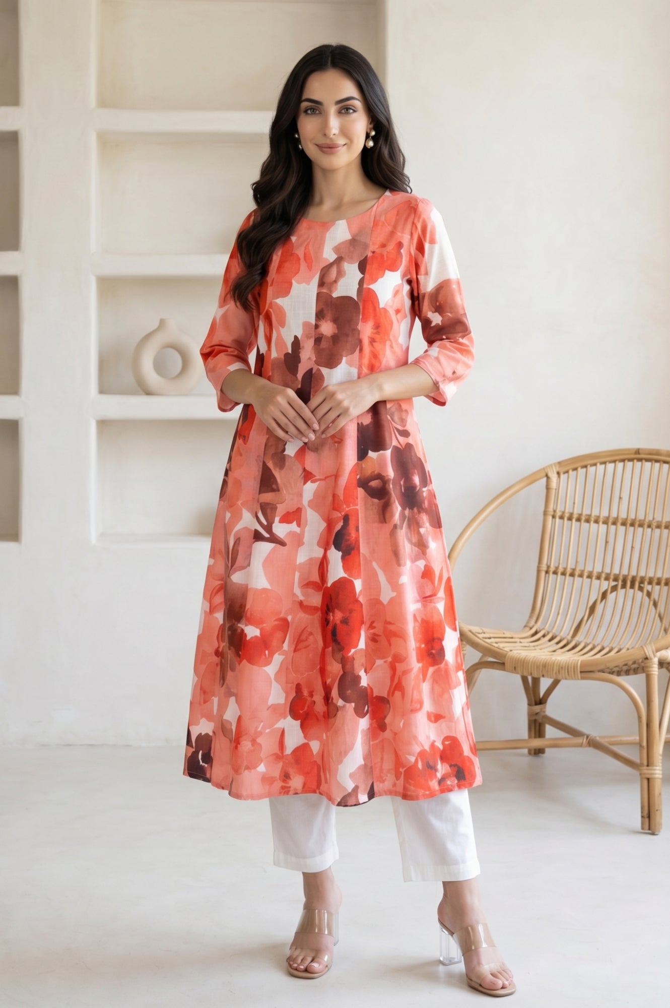 White and Red Floral Printed Pure Cotton Flared Kurta with Pants Set
