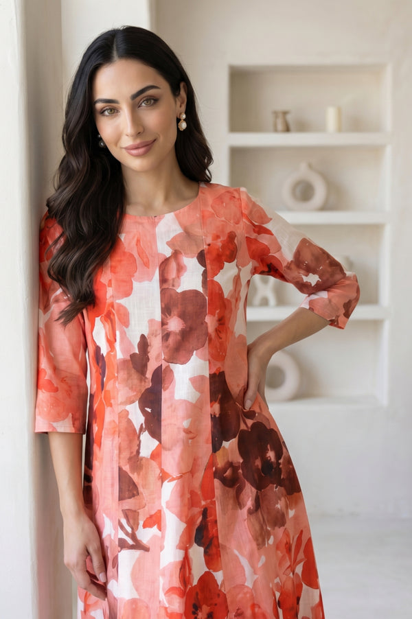 White and Red Floral Printed Pure Cotton Flared Kurta with Pants Set
