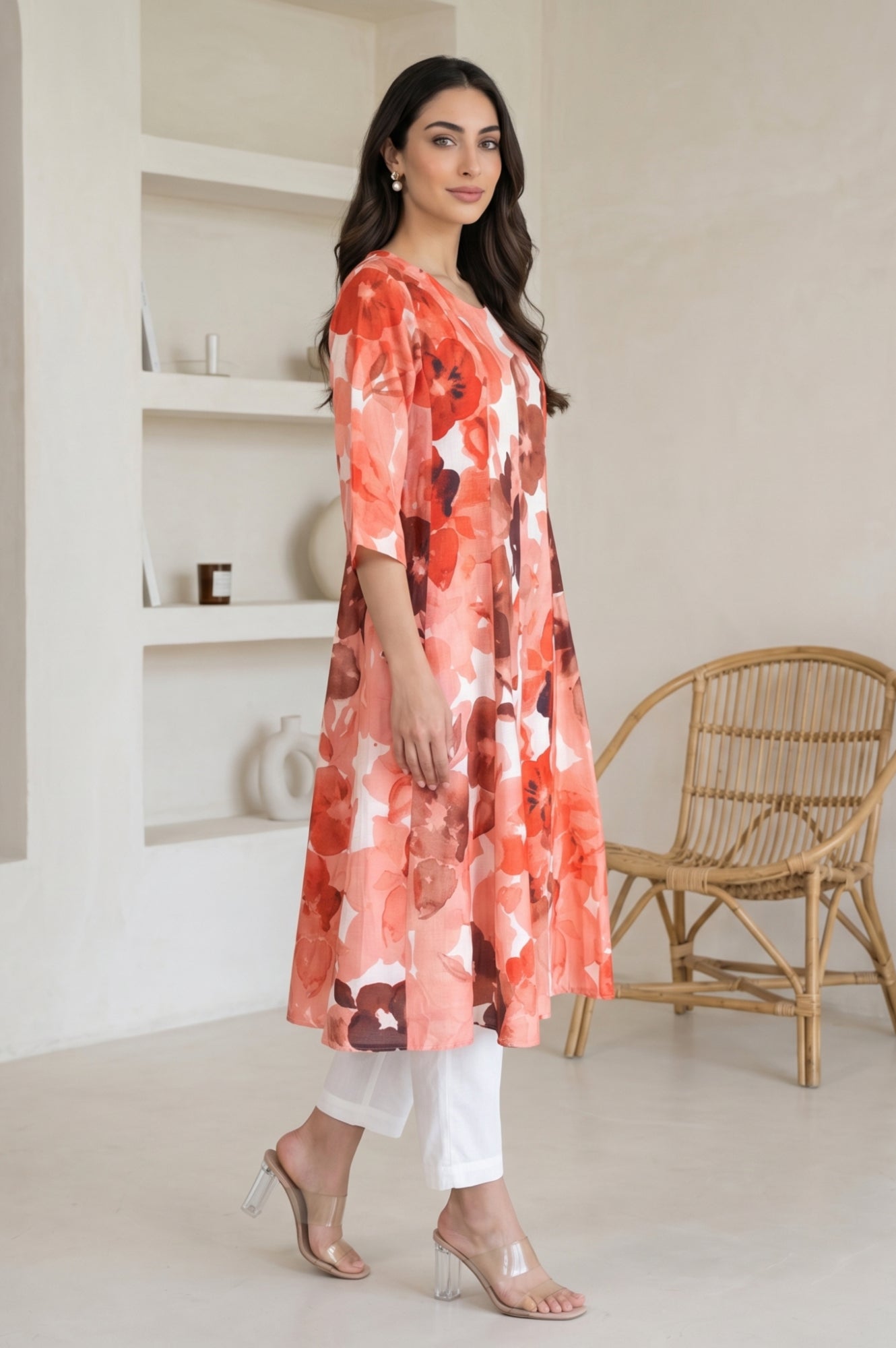 White and Red Floral Printed Pure Cotton Flared Kurta with Pants Set